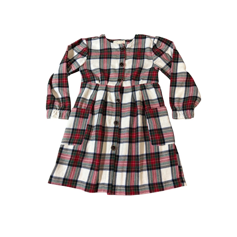 Zara SZ 10 Girl Kid Plaid Long Sleeve Button Down Dress Cotton Pockets Red Green
